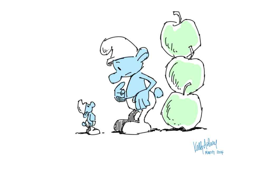 Em seu blog,  diretor do novo filme dos Smurfs, Kelly Asbury posta seus próprios desenhos dos Smurfs e informações vitais como o fato de que um Smurf tem o tamanho de três maçãs empilhadas...