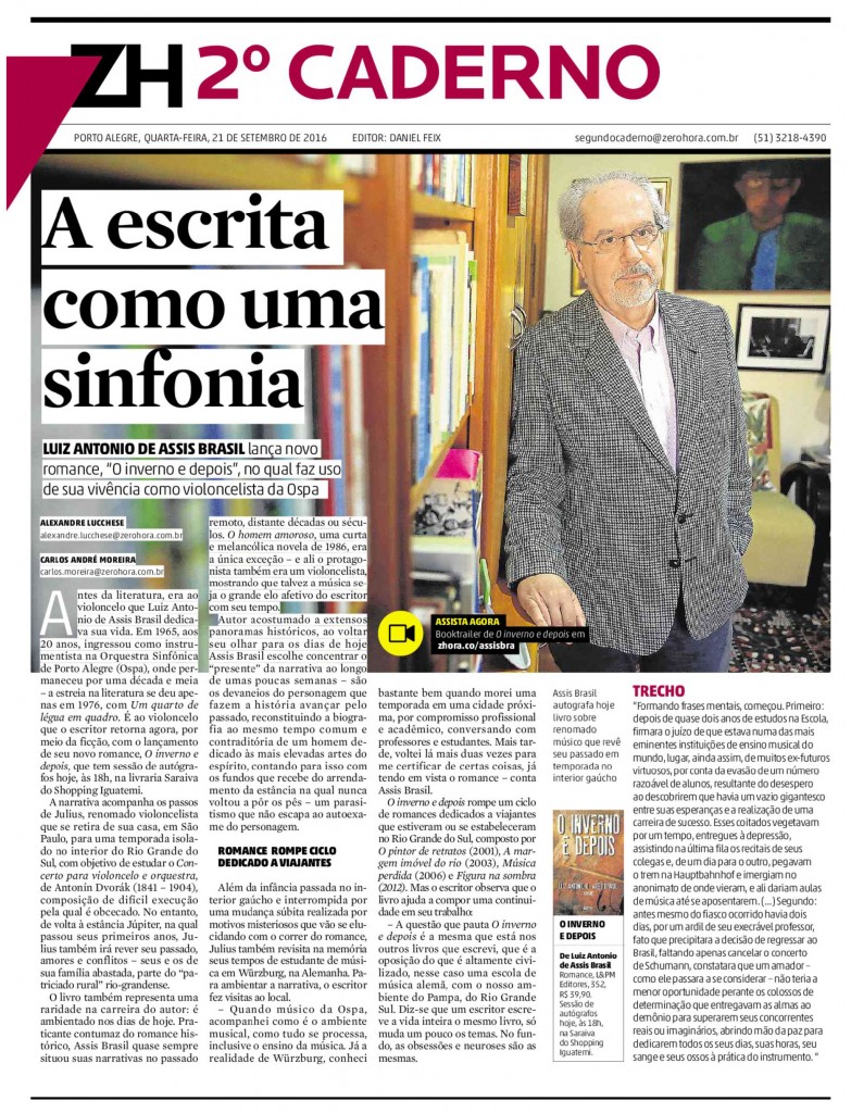 O novo livro de Luiz Antonio de Assis Brasil em destaque no jornal Zero Hora (clique para ampliar)